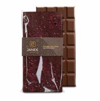 Čokoládovna Janek Mléčná čokoláda s drcenými ostružinami a lyo malinami 85 g expirace